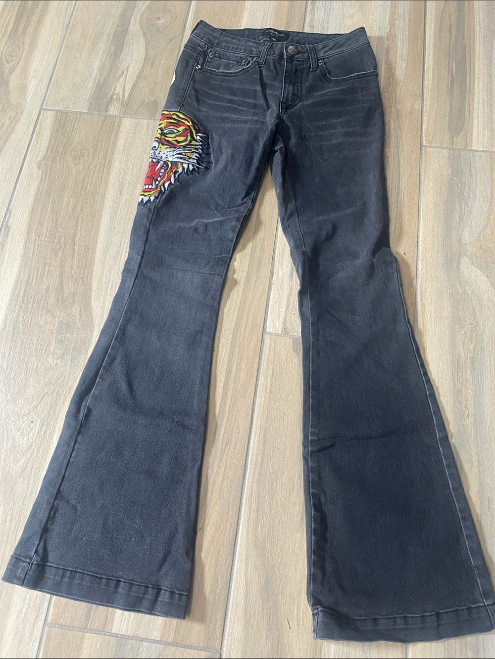 Ed Hardy Black Flared Jeans with Embroidered Tiger Patch